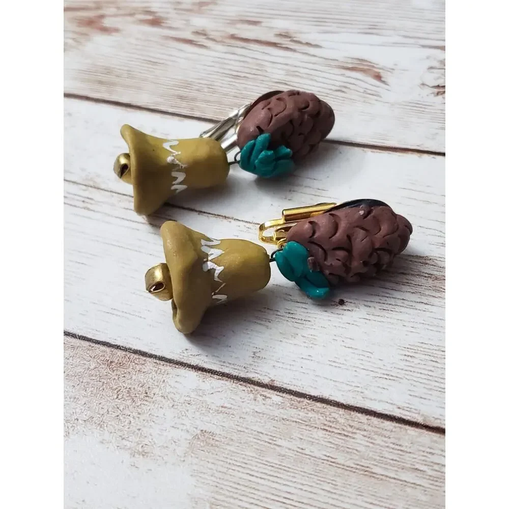 Vintage Clip On Earrings - Very Unusual Bell Dangle Green & Brown